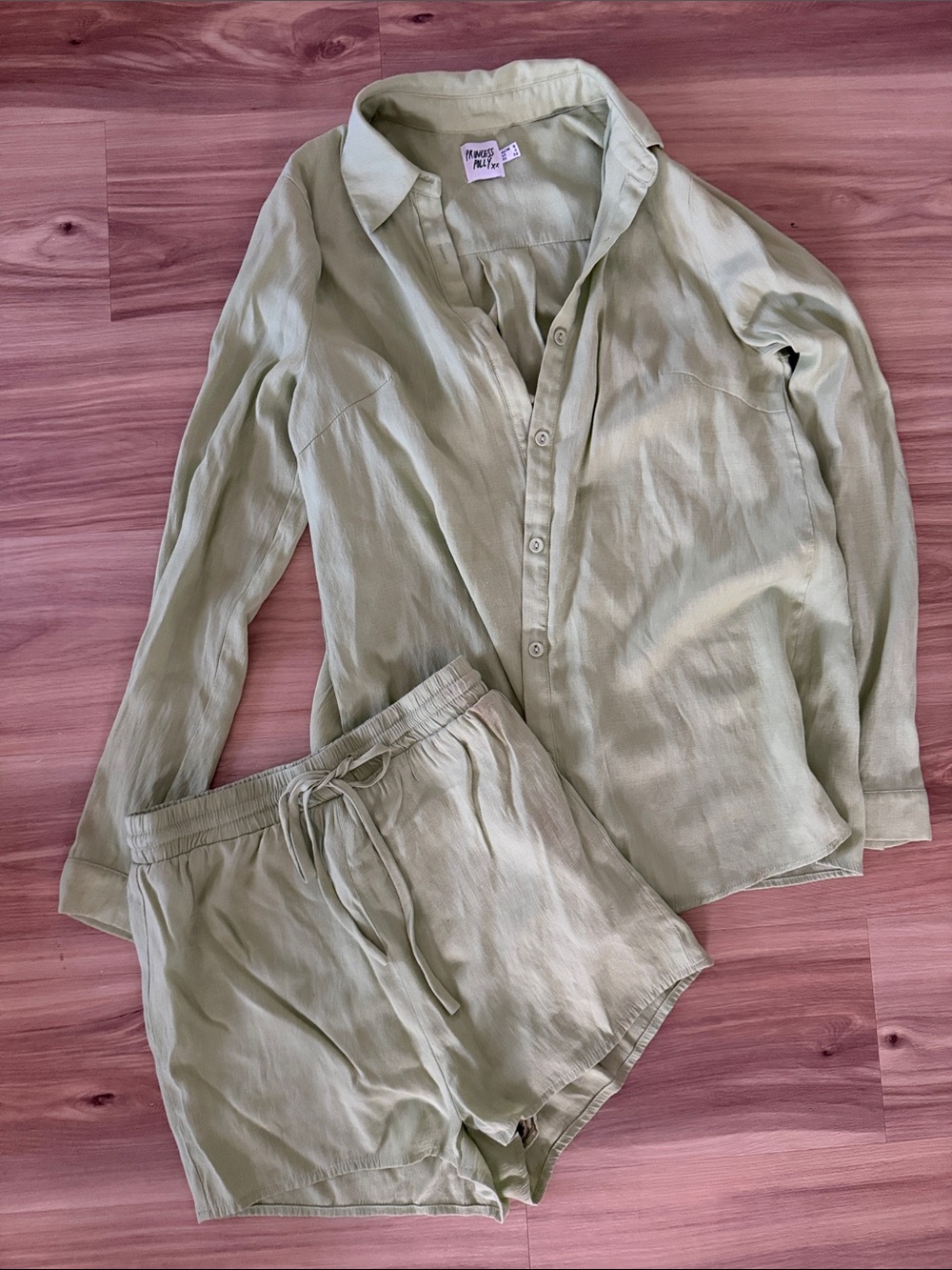Women's Sage Green Two-Piece Sleep Set - Rayon Button Shirt & Drawstring Shorts